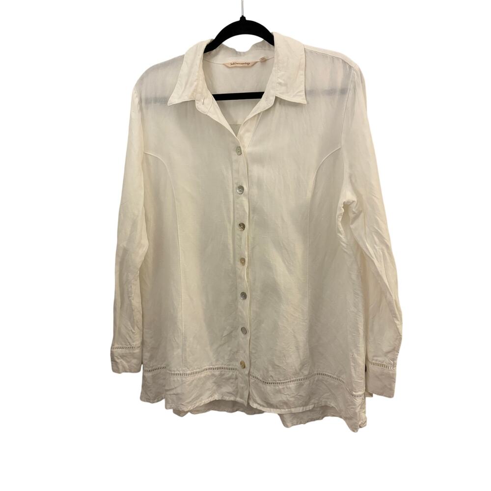Soft Surroundings White Linen XL Button Up Blouse Top Breezy Beachy Minimalist